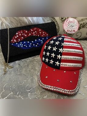 NWT Handbag Express Black Beaded Lips Bag & American Flag Red Baseball Cap